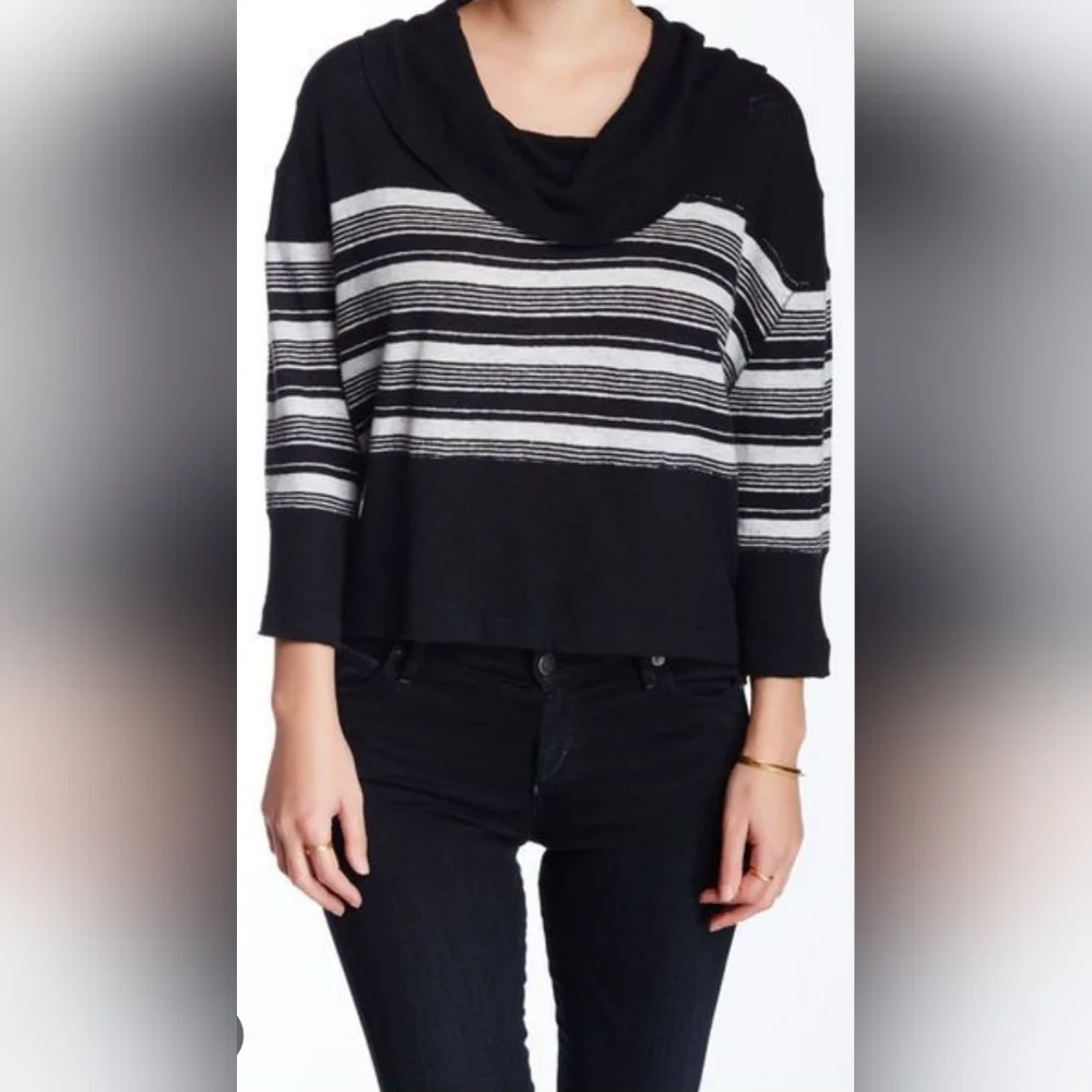 Free People Black White Sea Side Striped Cotton Linen Blend Sweater Size Large
